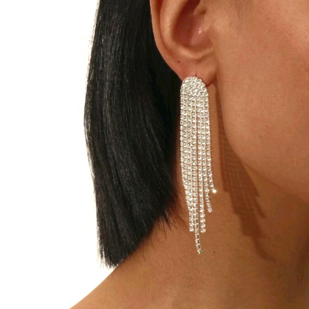 TASSLE RHINESTONE SILVER EARRINGS NEW